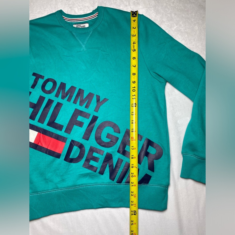 Vintage‎ Tommy Hilfiger Denim Sweatshirt Spellout Aqua Crewneck Men’s Size SMALL - Picture 4 of 7